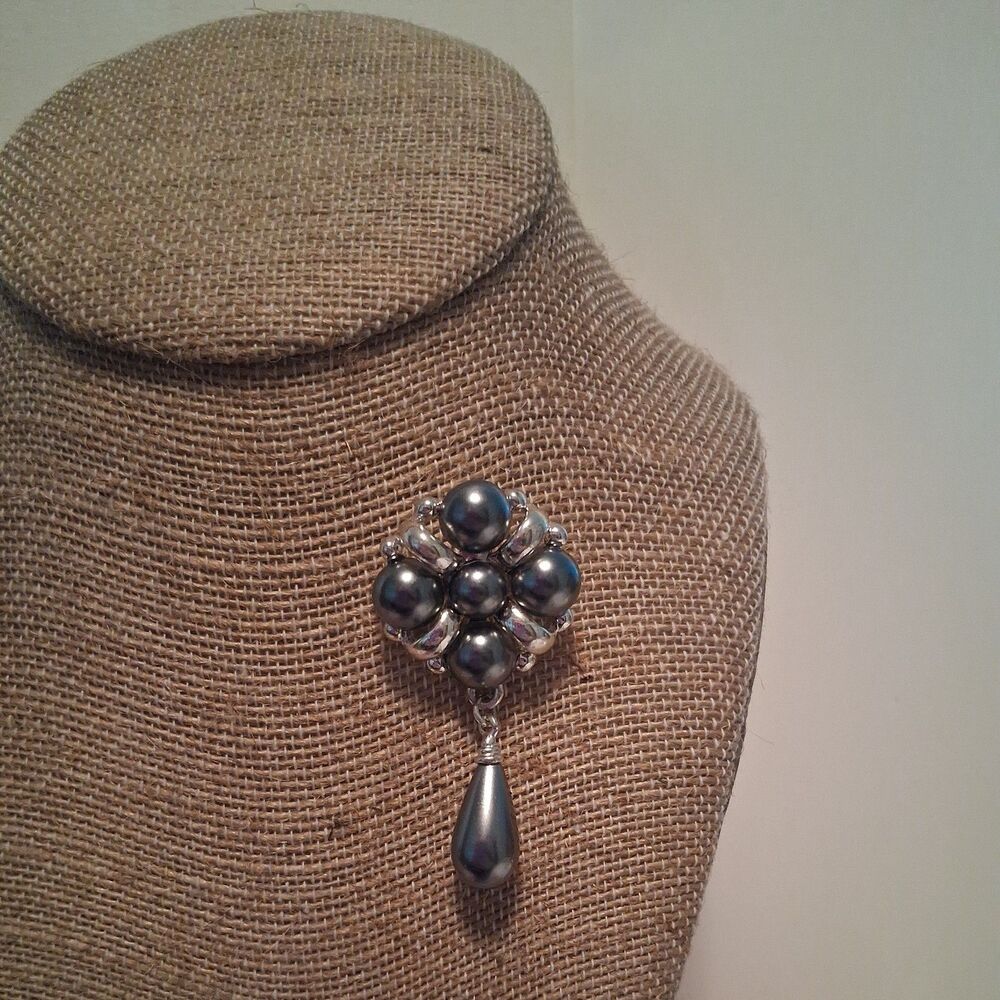 Bead Elegance (Z-088) 1 1/4" Brooch - Faux Pearl Flower Drop - Gray, Pink, White
